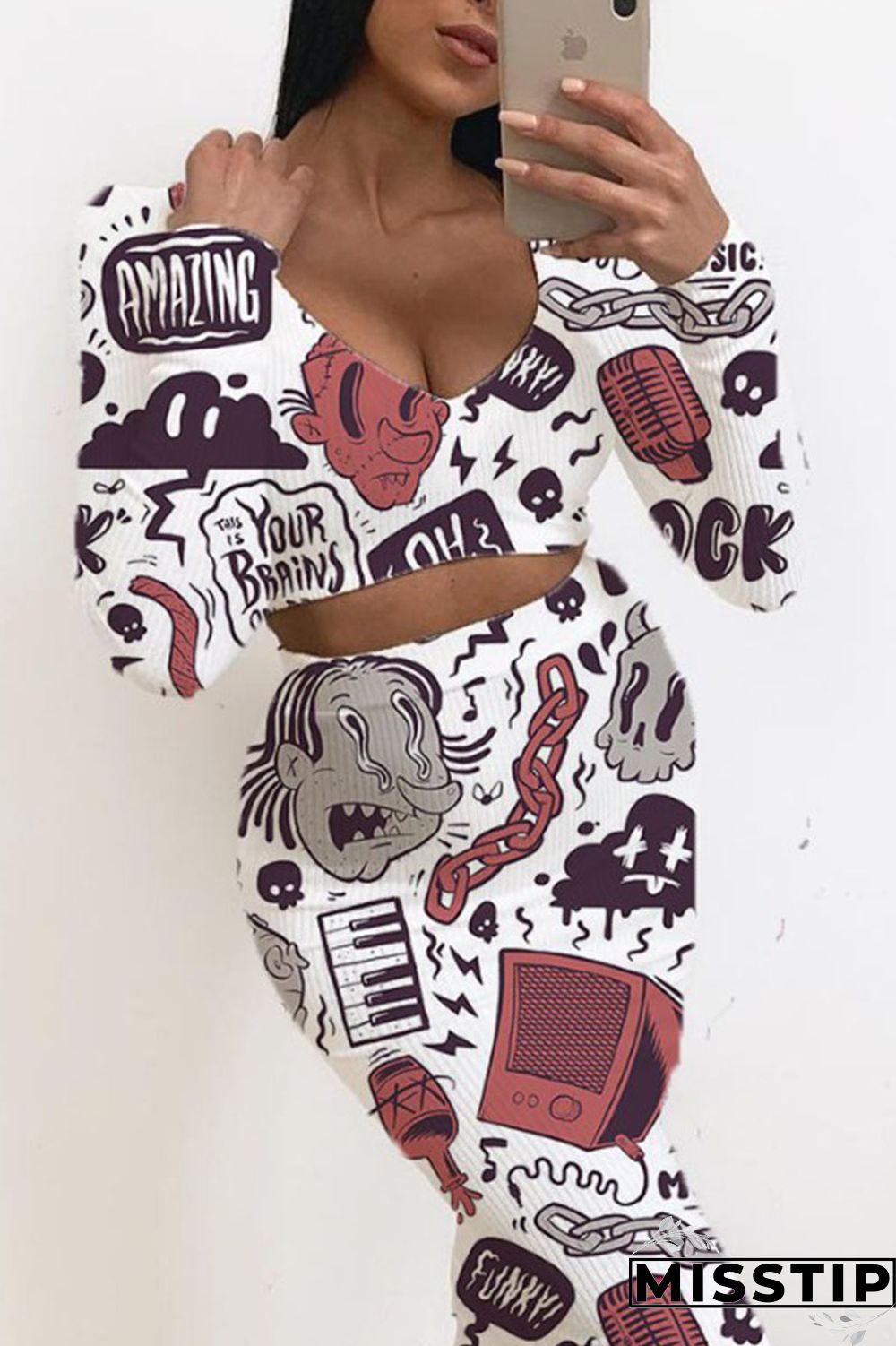 Pink Gray Casual Print Patchwork V Neck Long Sleeve Two Pieces