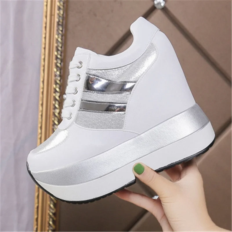 Hot Sale 2021 Women Shoes Leather Wedges High Heel Round Toe Sports Shoes Platform Lace Up Spring Summer Ladies Sneakers 35-39