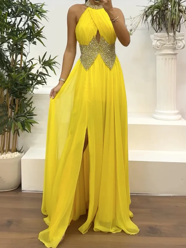 shiny rhinestone beaed Splicing Sleeveless halterneck Evening Maxi Dresses