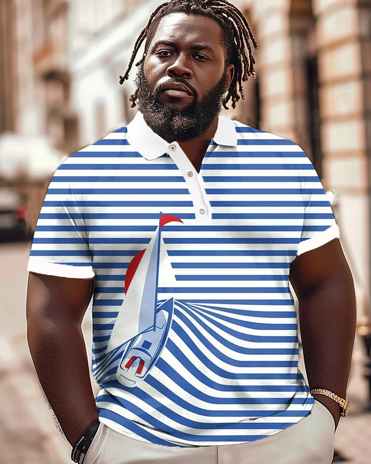 Striped Sailboat Print Large Men's Polo T-shirt