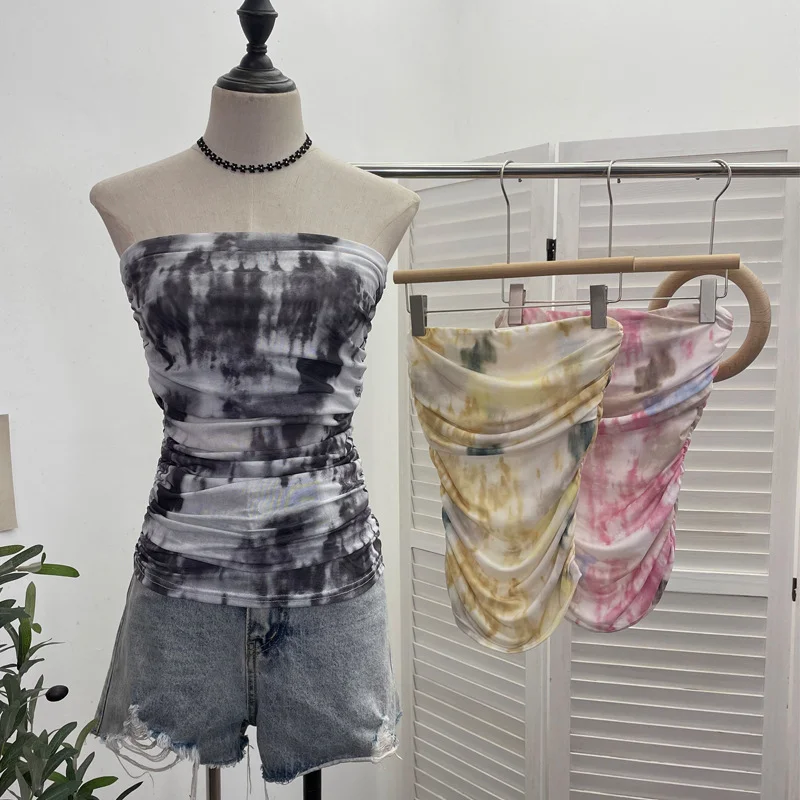 Uveng Thai-Style Splash Ink Dye Mesh Wrap Chest Vest Irregular Stacked Folded Sleeveless Top 9950