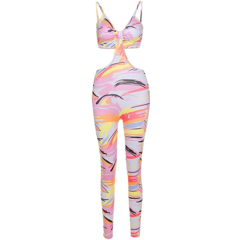 Sexy Fashion Women Digital Print Halter Bra Hollow Out Bodycon Jumpsuits Casual Party Club Streetwear 2021 Spring 1 Piece