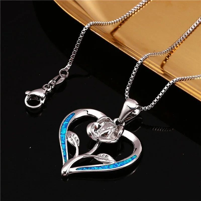 Cute Female Heart Flower Pendant Necklace Yellow Gold Silver Color Chain Necklaces Vintage White Blue Opal Necklaces For Women