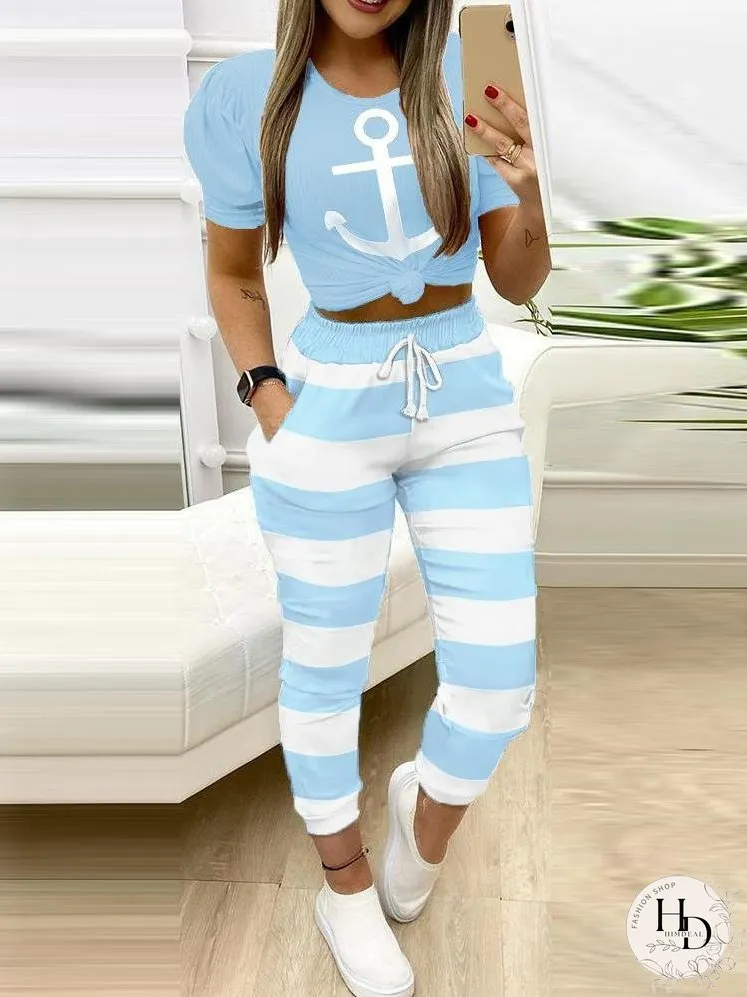 Boat Anchor Print Top & Striped Colorblock Pants Set for Women