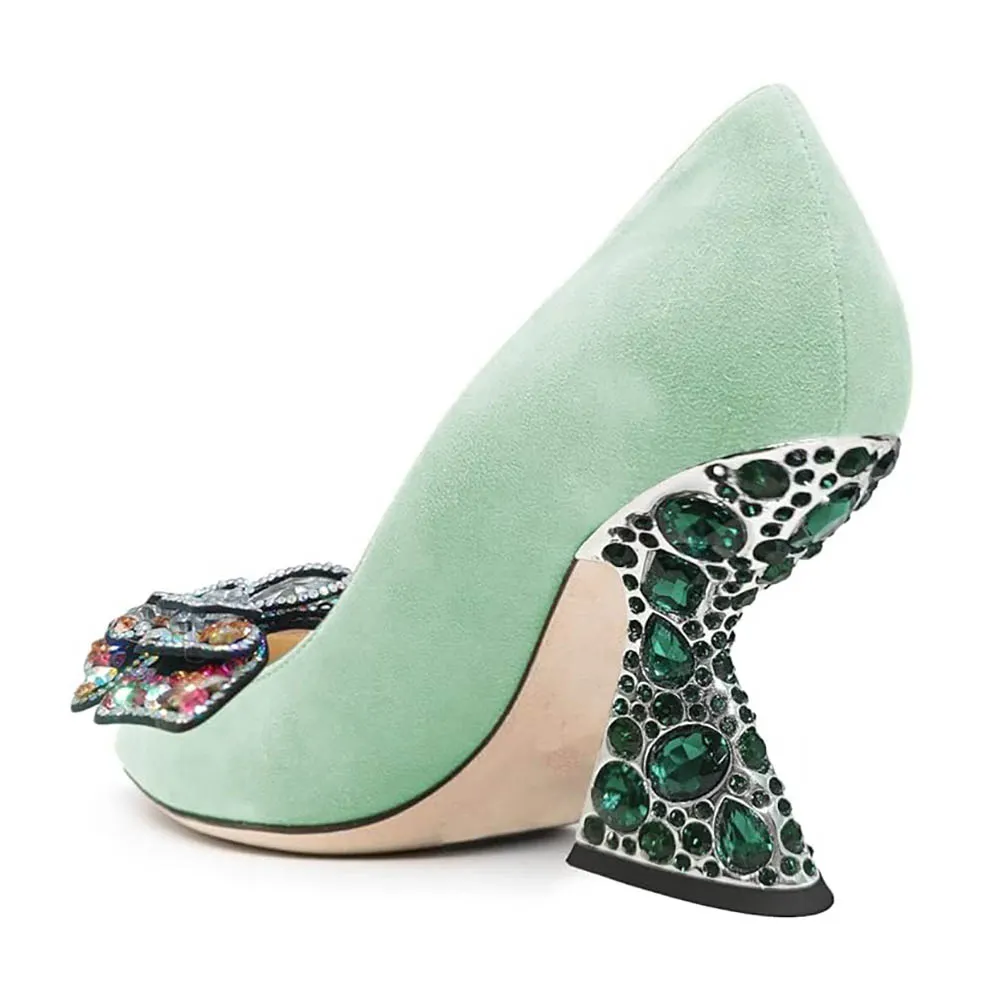 Green Pointed Toe Decorative Heel Butterfly Rhinestone Pumps Shoes