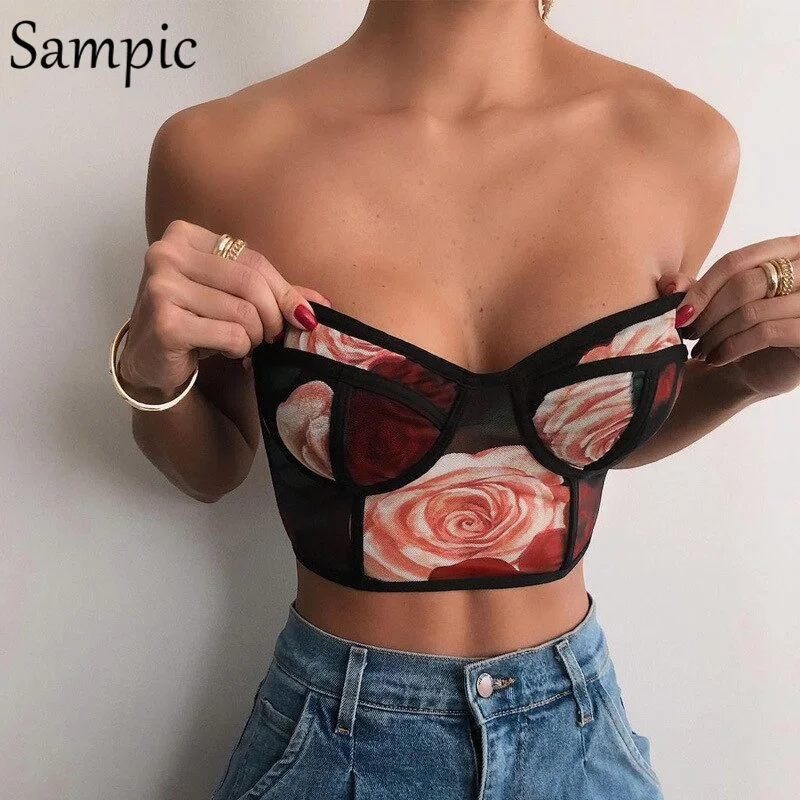Sampic Summer Floral Print Sleeveless Sexy Women Club Party Crop Tops Skinny Mini Backless 2020 Tank Tops Basic Vest Streetwear