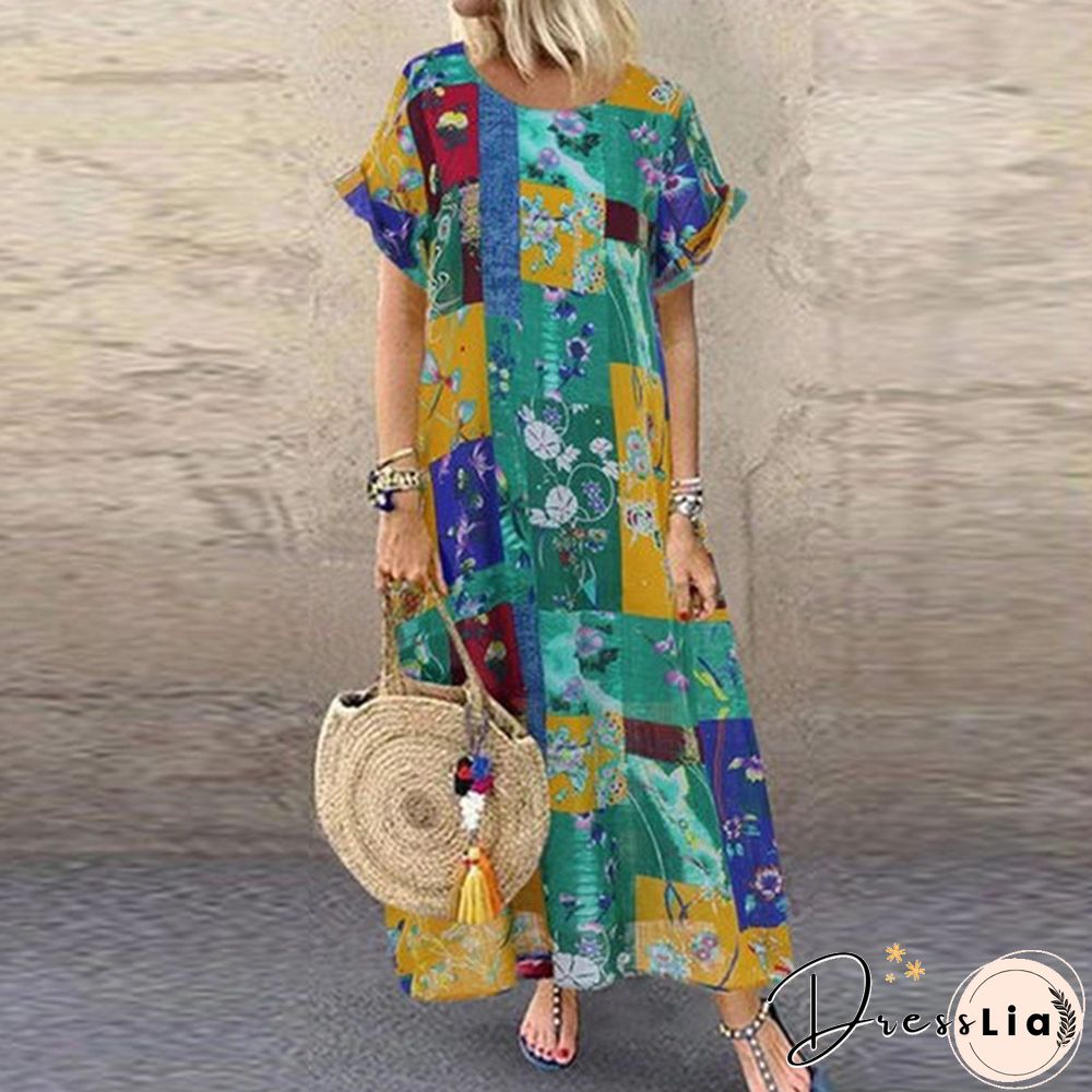 Women Summer Short Sleeve Fashion Printed Dress Party Beach Kaftan Long Maxi Dress Plus