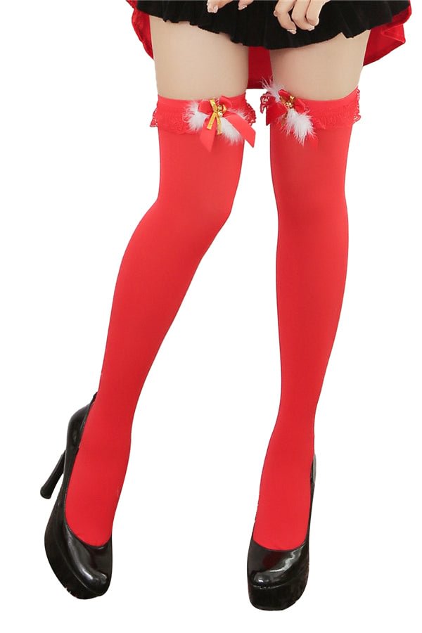 Cute Bow Bells Knee High Stockings For Christmas Party Red-elleschic