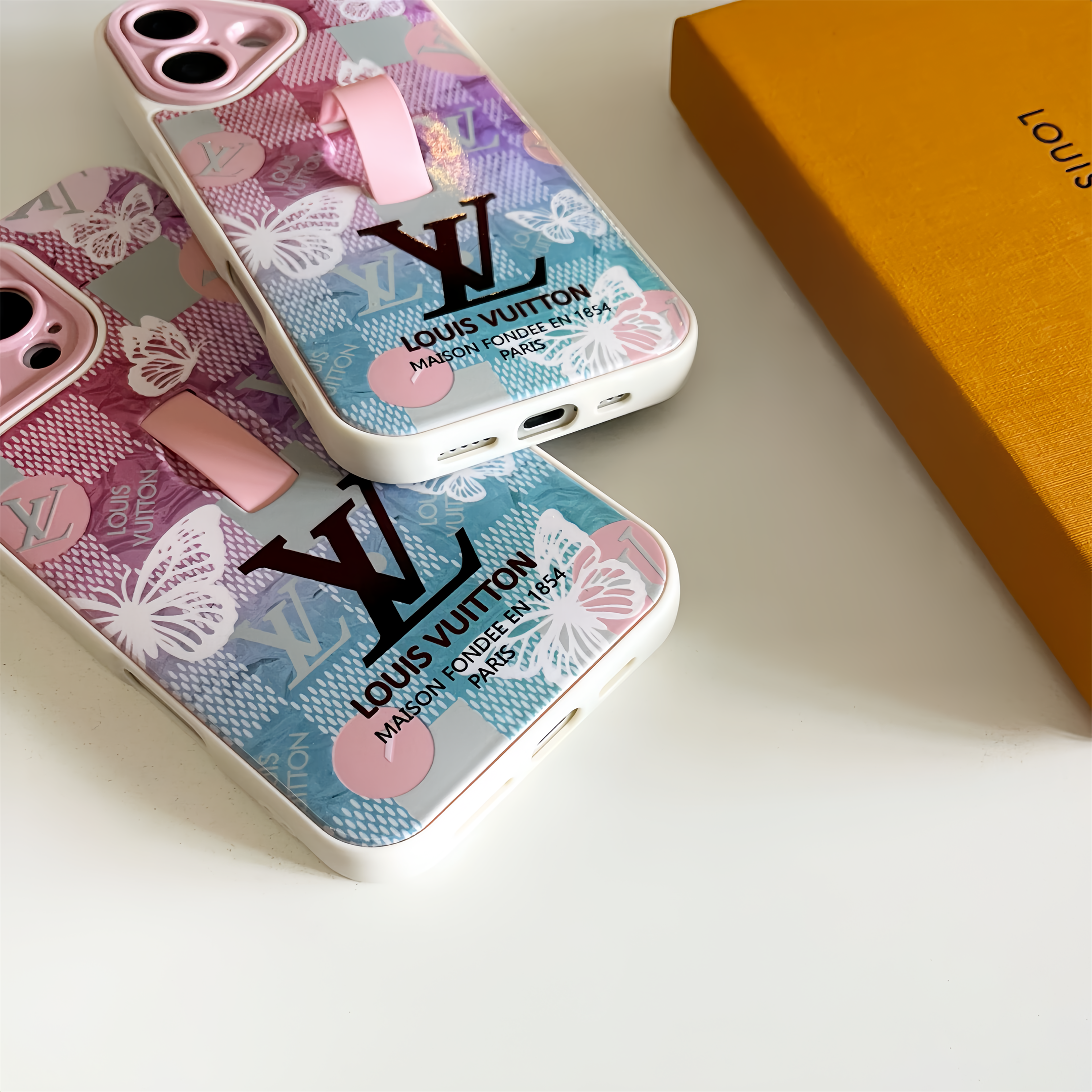 LV Monogram Checkerboard Elegant Butterfly Print Ring Buckle Apple iPhone Case