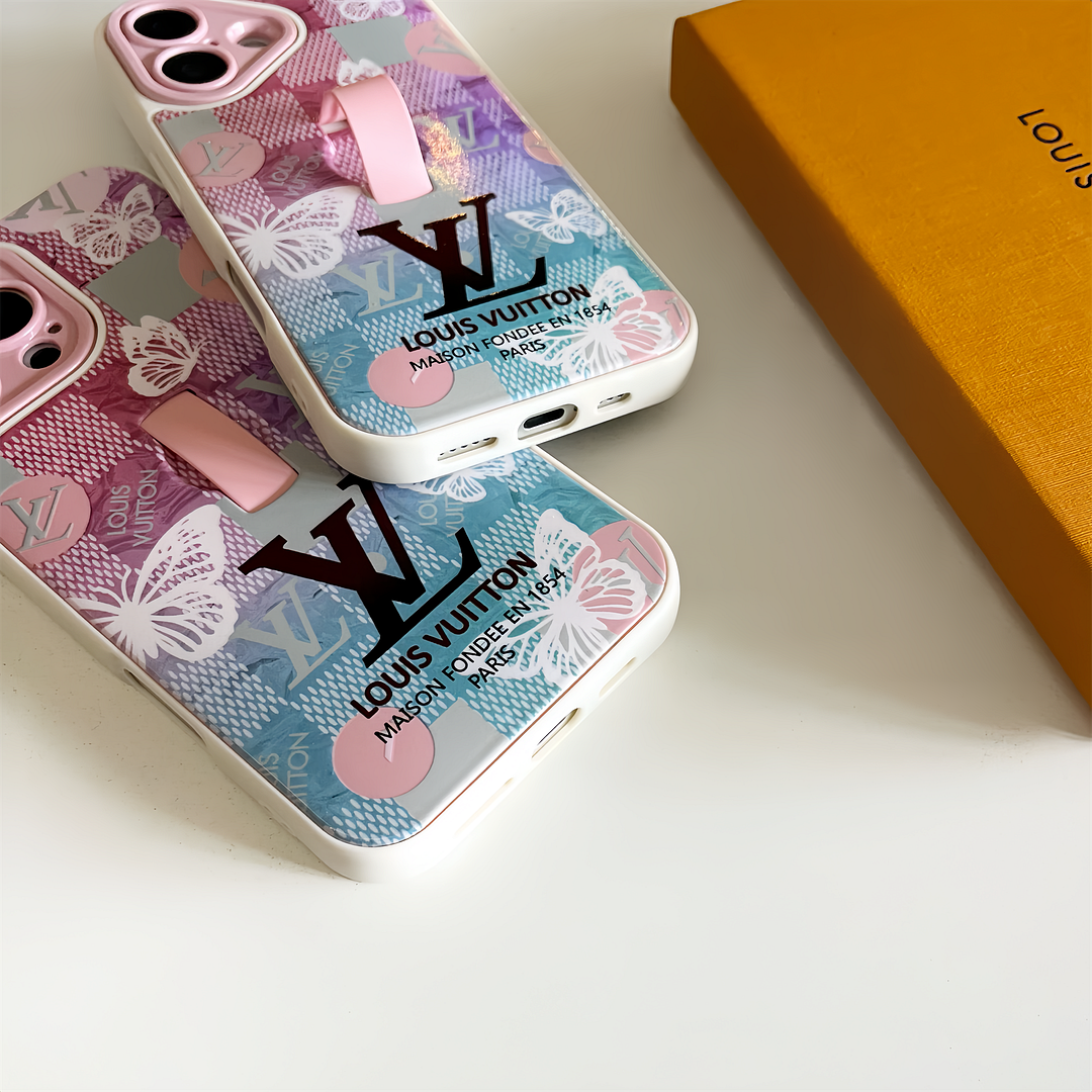 LV Monogram Checkerboard Elegant Butterfly Print Ring Buckle Apple iPhone Case