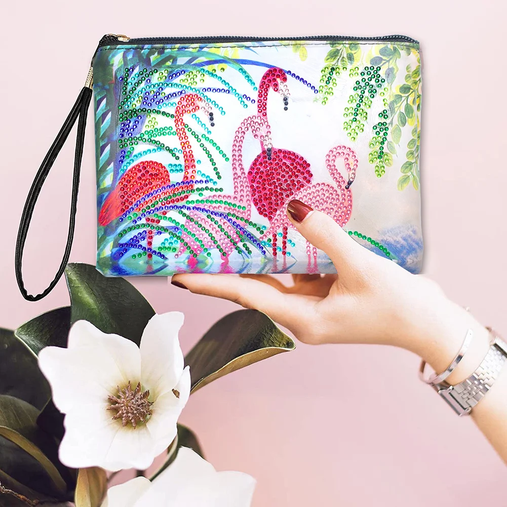DIY Flamingo Diamond Art Cosmetic Bag Flowers Single Sided PU Women Clutch