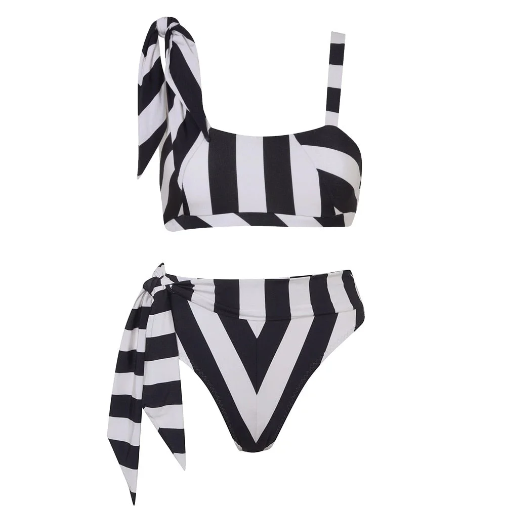 High Waist Sexy Bikini Set 2021 New Bandage Black and White Swimwear Women Stripe Two Pieces Swimsuit Strappy biquini