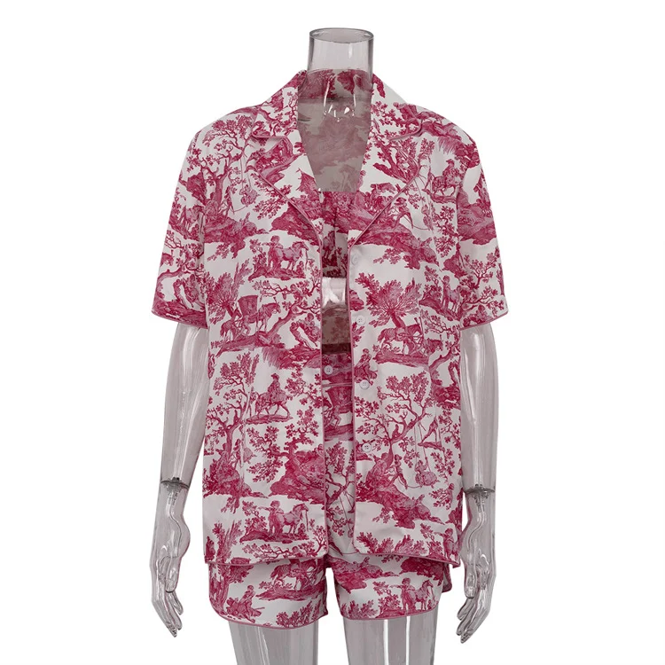 Churchf Churchf New Chinese Style Ink Print Shirt Sling Shorts Three-Piece Retro Fashion Suit Women's Wear