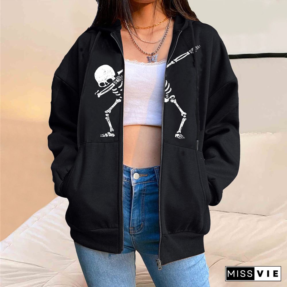 Y2k Coat Womens Skeleton Print Long Sleeve Tops With Pockets Gothic Jacket Aesthetic Punk Halloween Streetwear Clothes