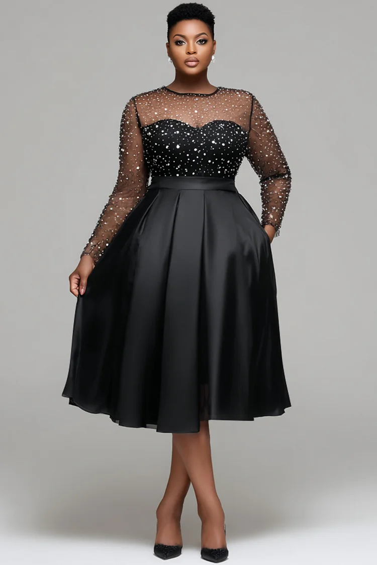 Xpluswear Design Plus Size Wedding Guest Satin Black Round Neck Long Sleeve See Through Elegant Pocket Tulle Midi Dresses [Pre-Order]