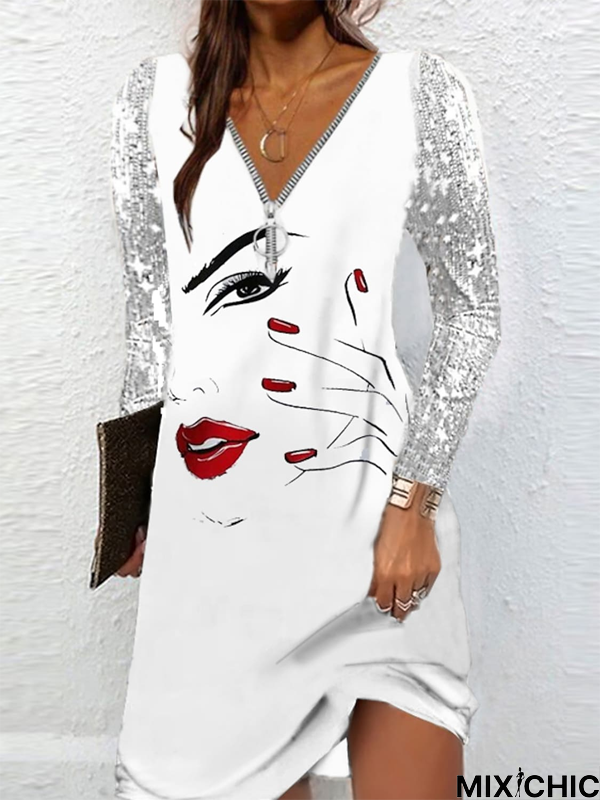Party Abstract Glitter V Neck Dress