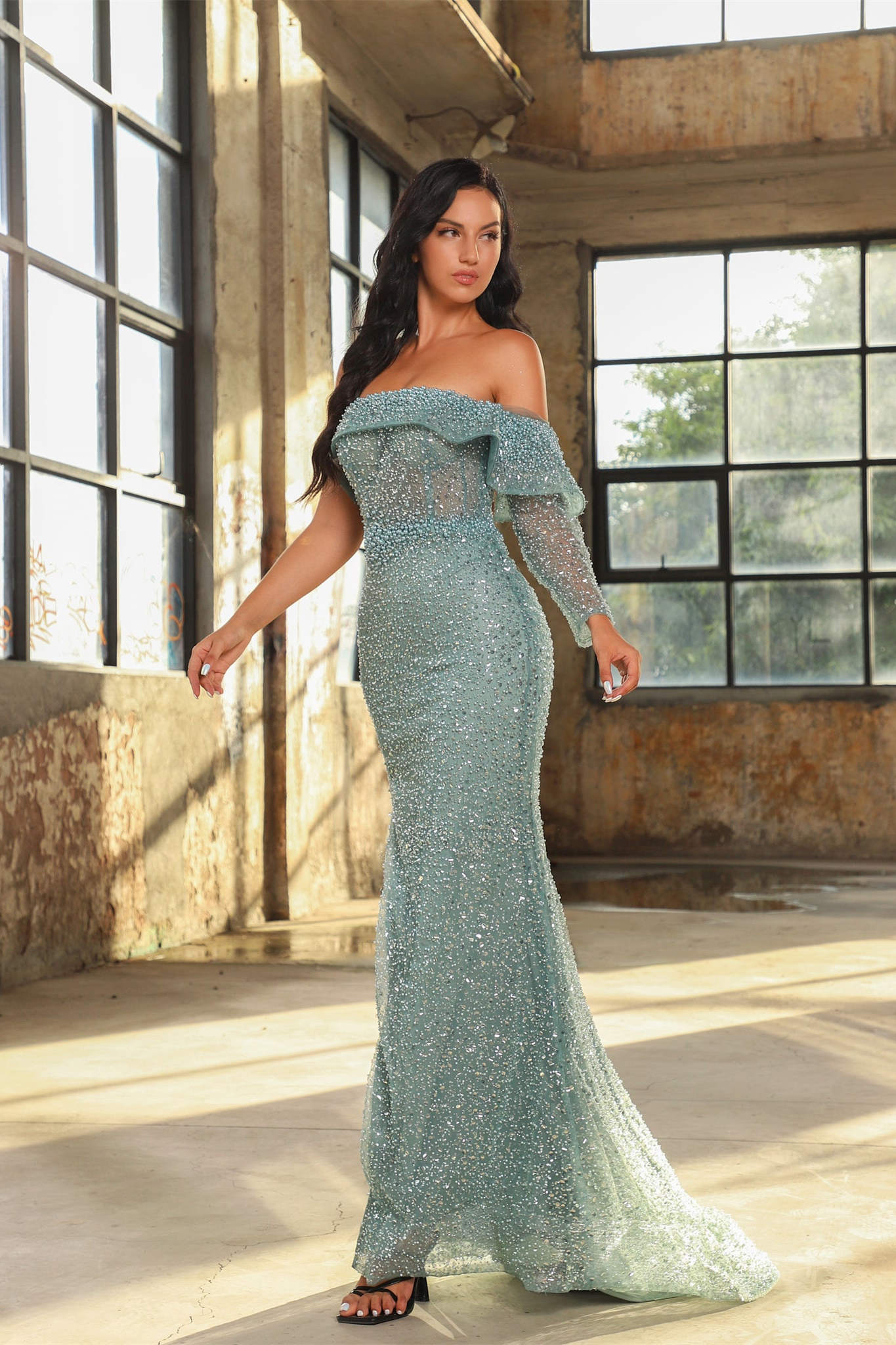 Classic Long Sleeves Off-the-Shoulder Evening Dress Mermaid Sequins With Pearls - lulusllly