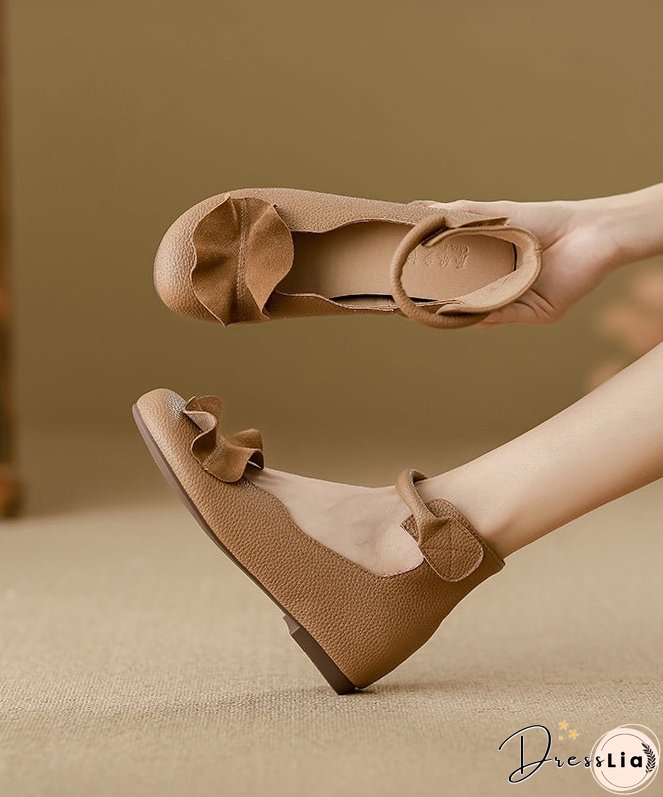 Khaki Ruffled Cowhide Leather Stylish Splicing Flats Buckle Strap