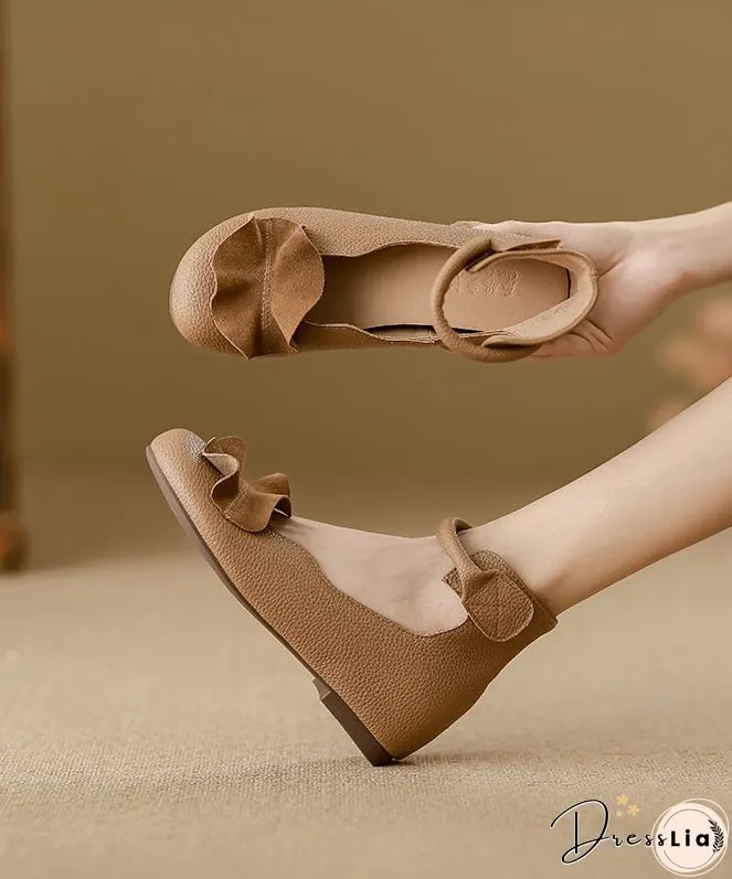 Khaki Ruffled Cowhide Leather Stylish Splicing Flats Buckle Strap