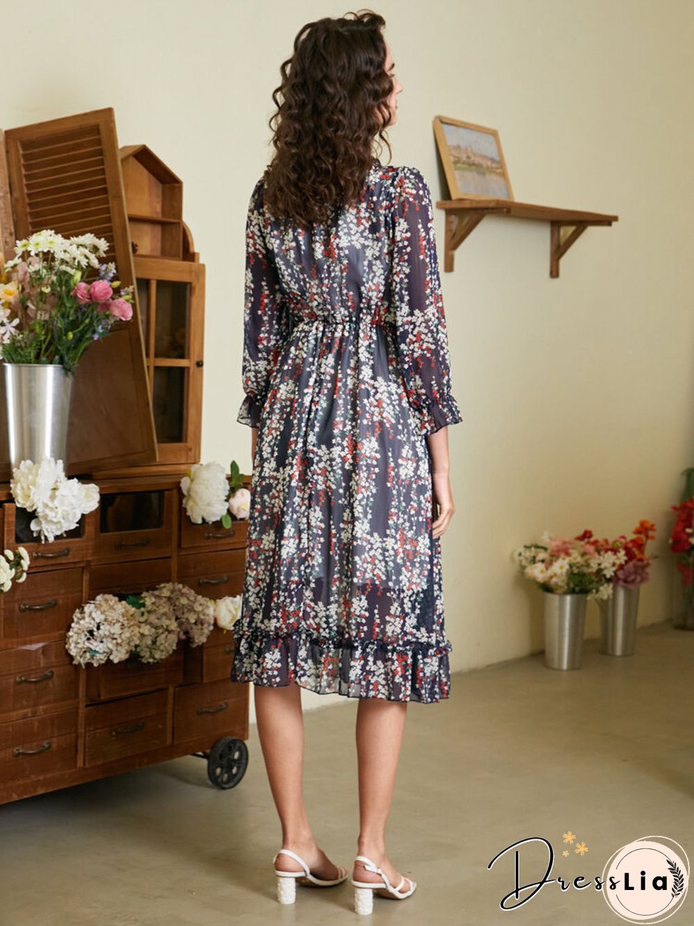 Floral Print Ruffle Long Sleeve V-neck Chiffon Dress
