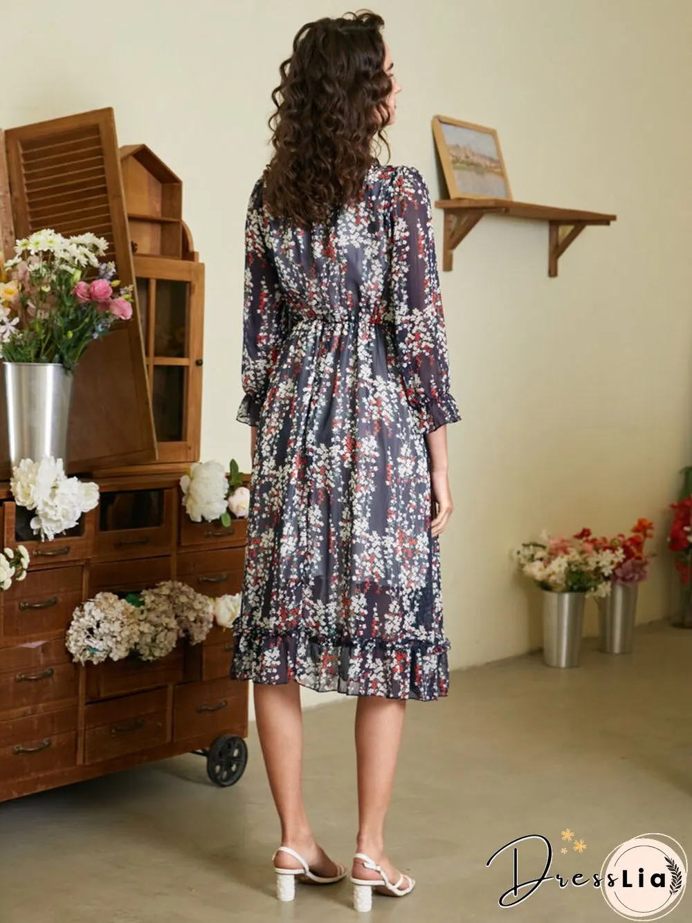 Floral Print Ruffle Long Sleeve V-neck Chiffon Dress