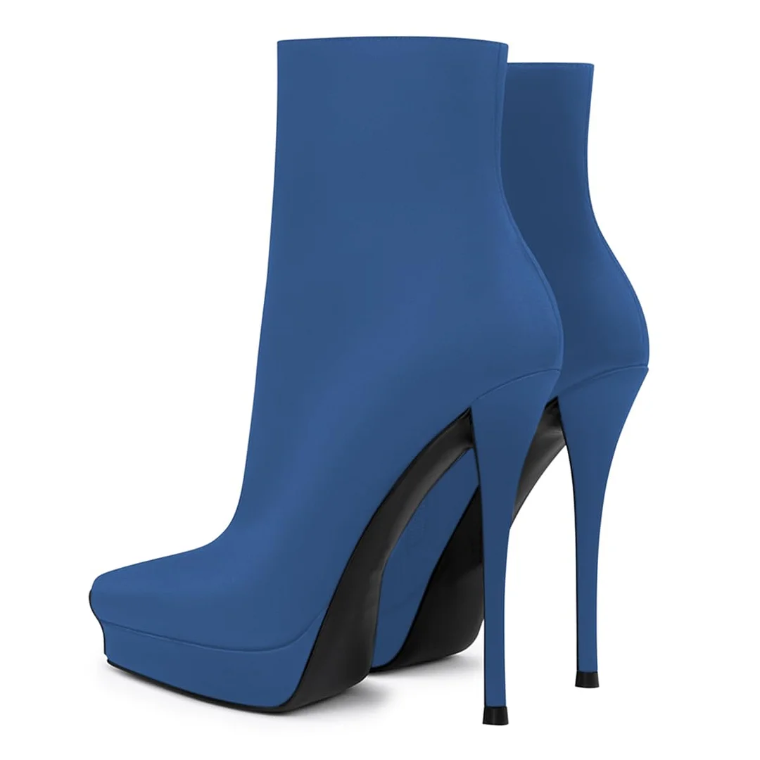 Blue Vegan Leather Side-Zip Platform Stiletto Heel Ankle Boots