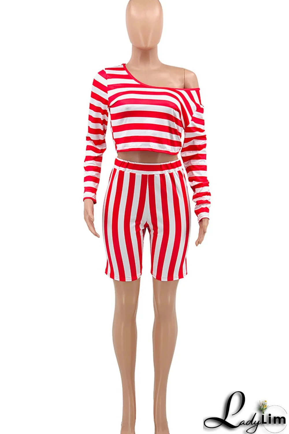 Blue Casual Striped Print Patchwork Asymmetrical Collar Plus Size Two Pieces