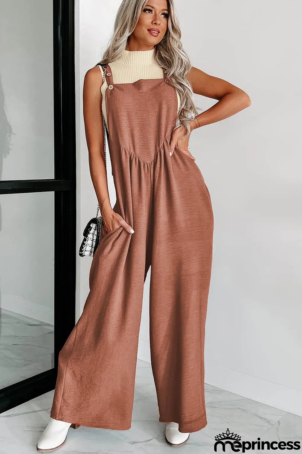 Gold Flame Textured Buttoned Straps Ruched Wide Leg Jumpsuit