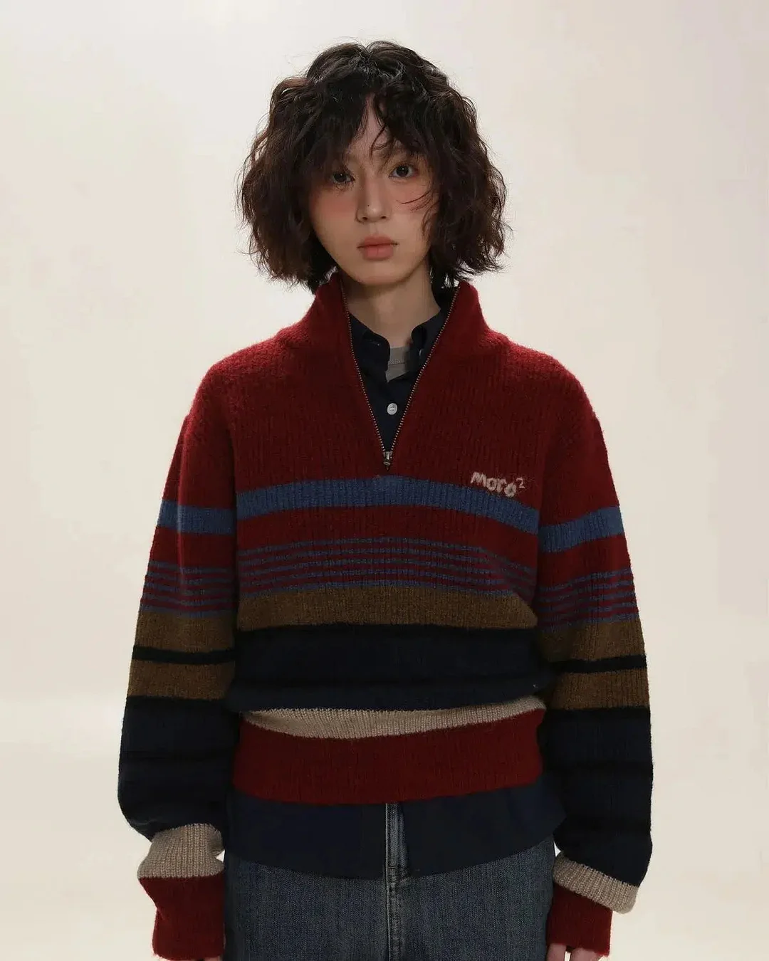 Brownm Aesthetic Knitted Zip Sweater