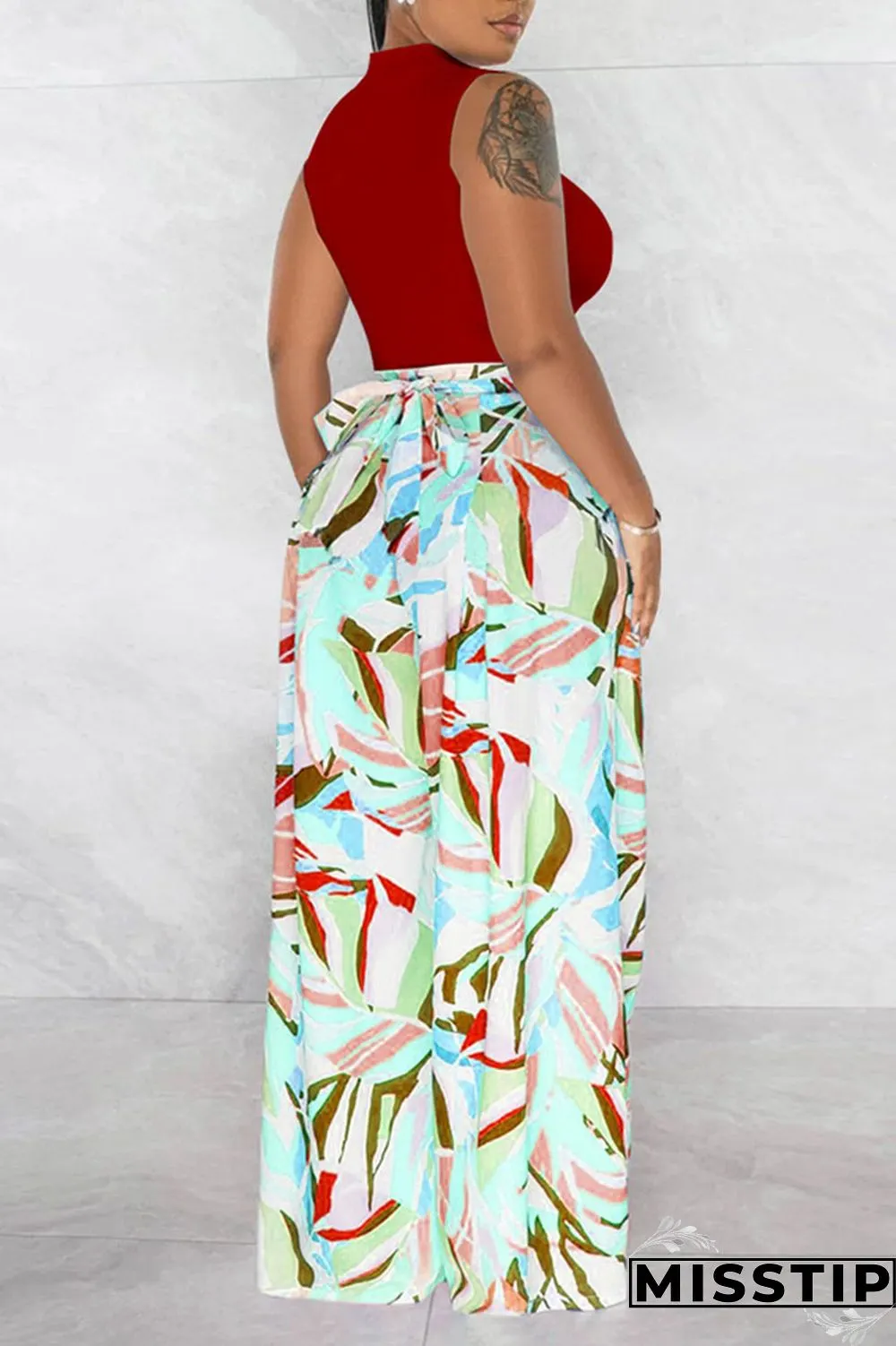 Light Green Casual Print Patchwork O Neck Sleeveless Two Pieces