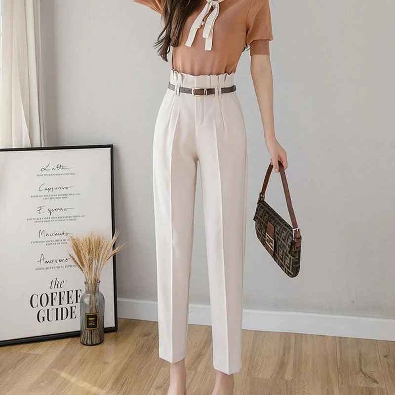 Fitaylor 2021 Black Suit Pants Women High Waist Pants Sashes Pockets Office Lady Casual Zipper Straight Ankle-length Pants