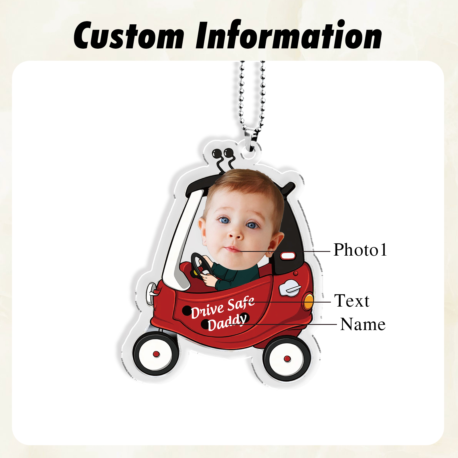 Personalised Car Hanging Ornament Custom Photo & Text & Name Keychain Acrylic Pendant Gift for Dad/Mom-Jessemade AU