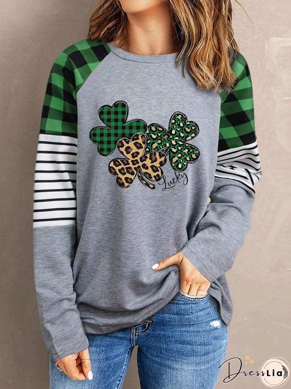Lucky Clover Design Green Plaid & Striped Sleeve Top