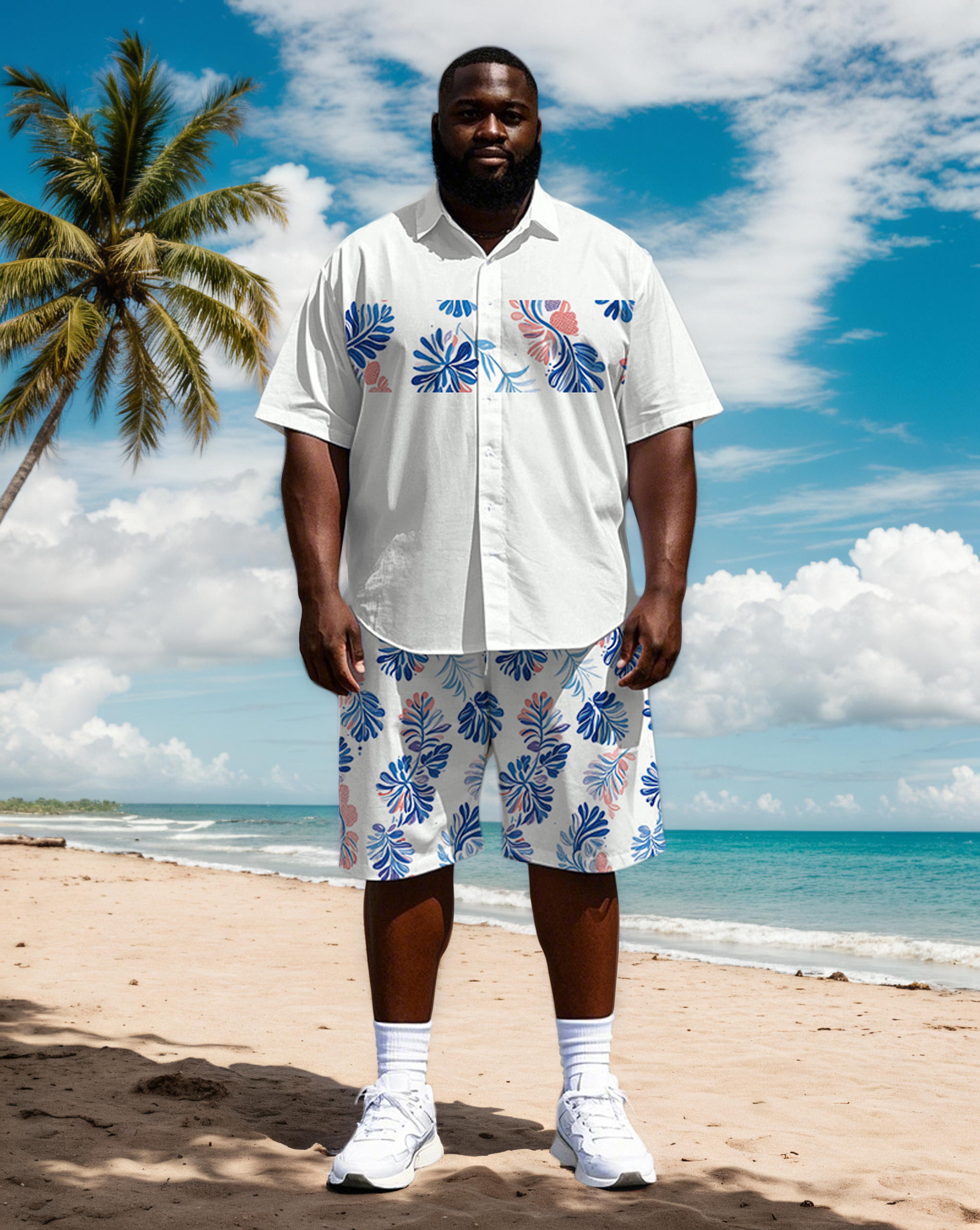 Big Men's Splicing Wide Stripe Simple Cartoon Leave Printed Short Sleeve Shirt Shorts Set