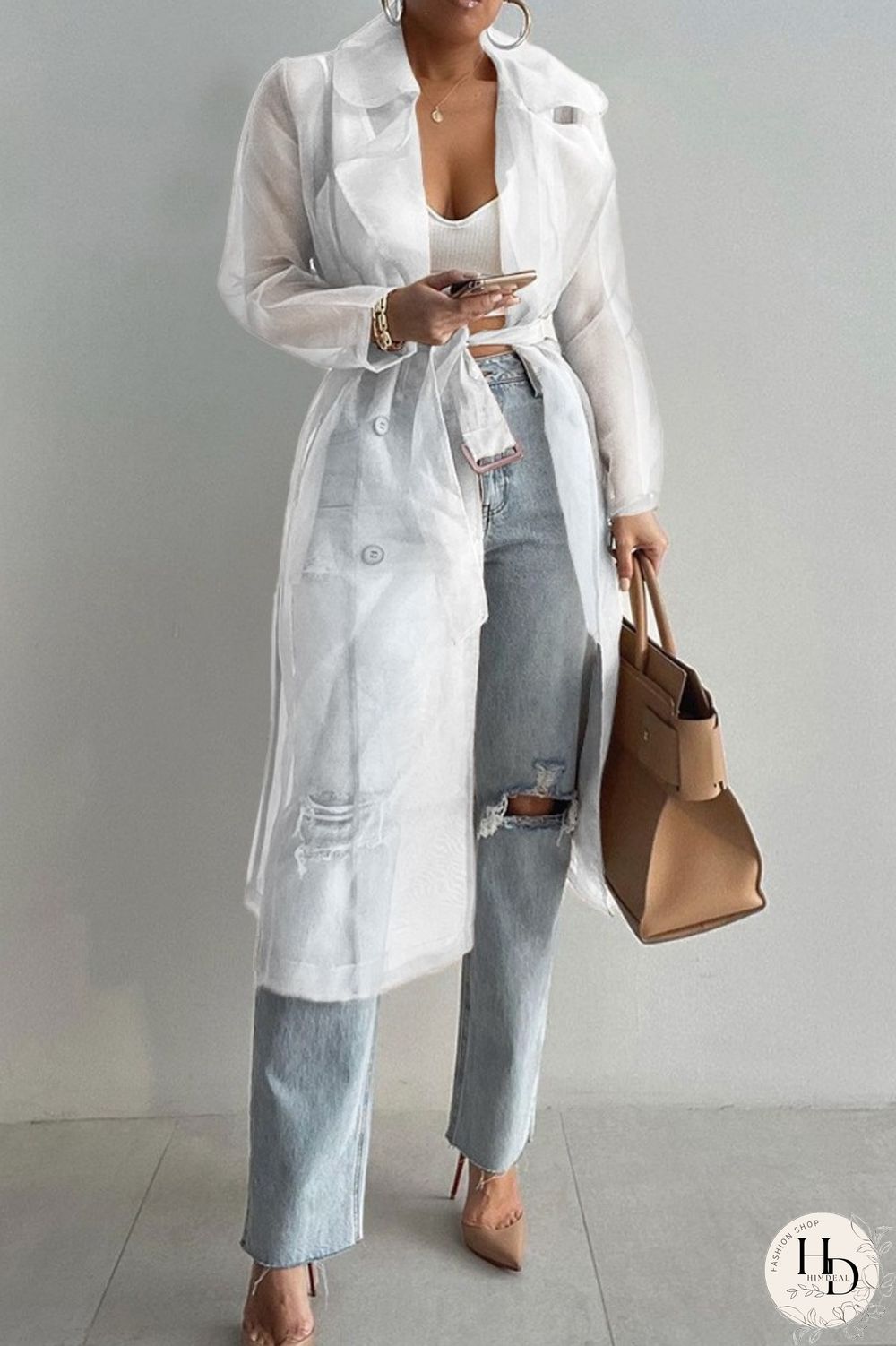 White Casual Solid Cardigan Turndown Collar Outerwear