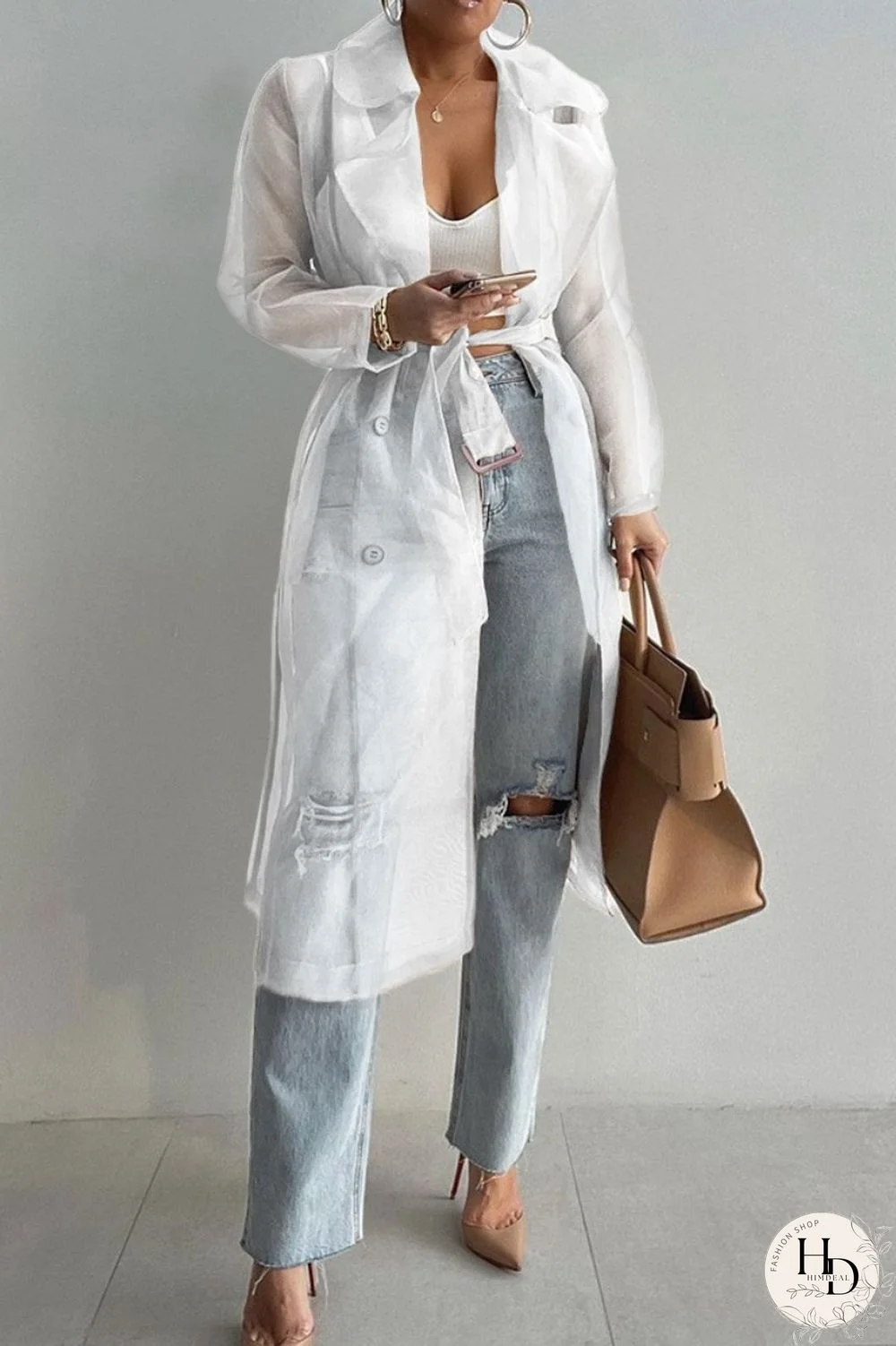 White Casual Solid Cardigan Turndown Collar Outerwear