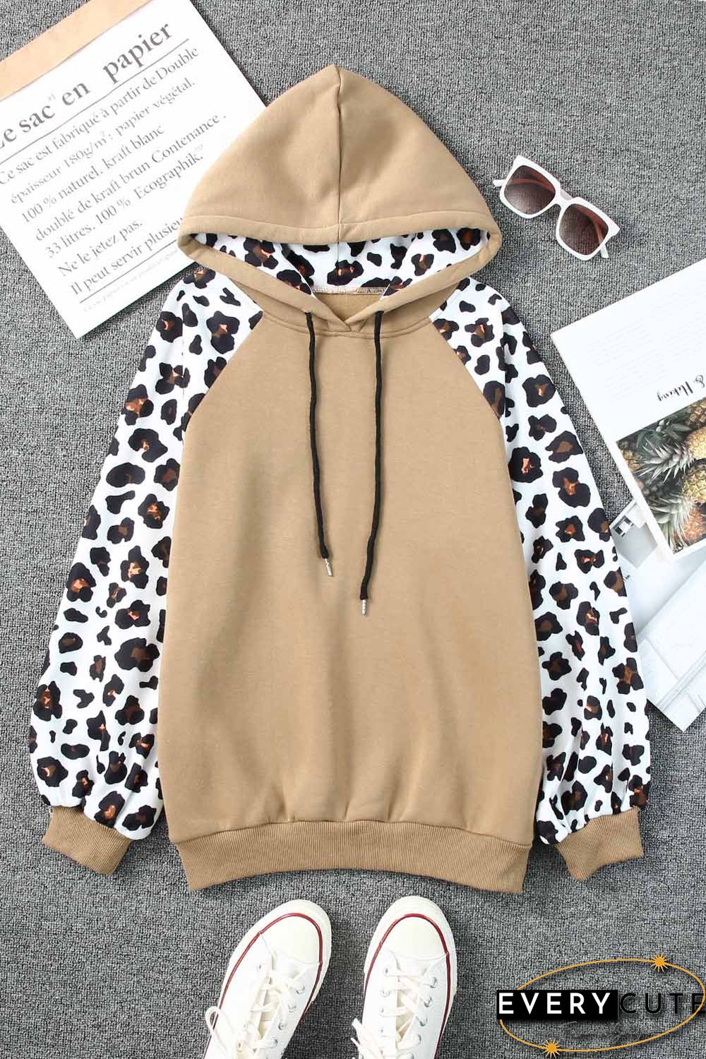 Khaki Leopard Bishop Sleeve Hooded Sweatshirt