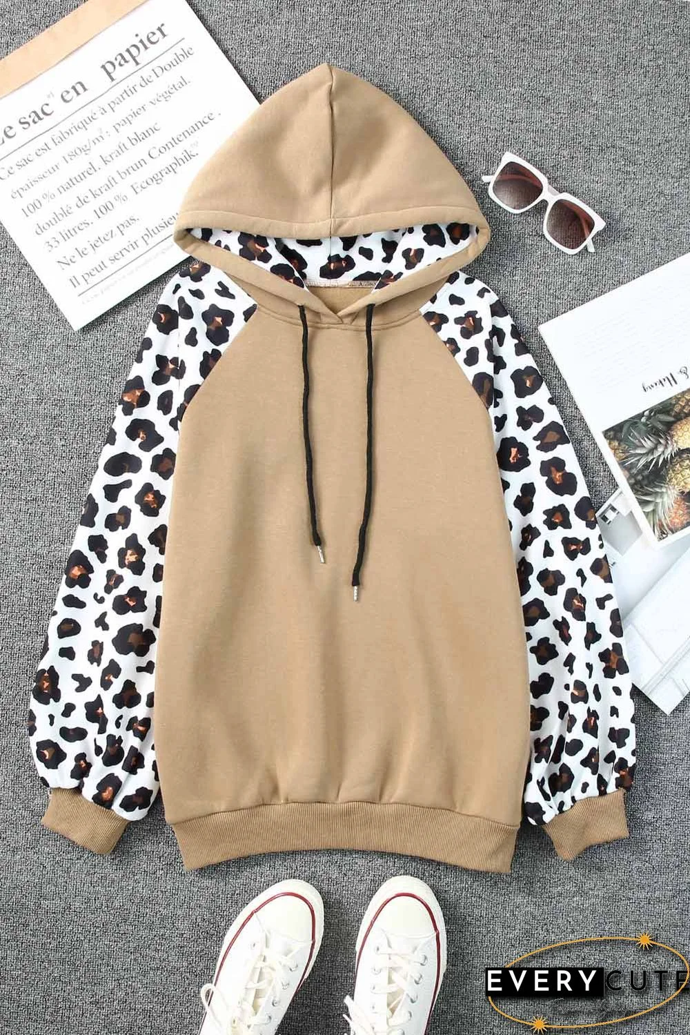 Khaki Leopard Bishop Sleeve Hooded Sweatshirt