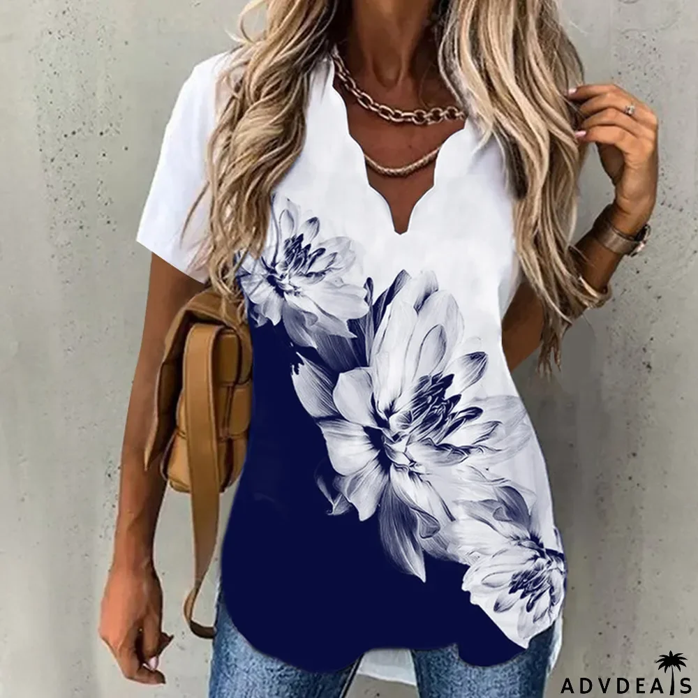 Summer Ladies Chic Wavy Neck Print Short Sleeve Women Shirt