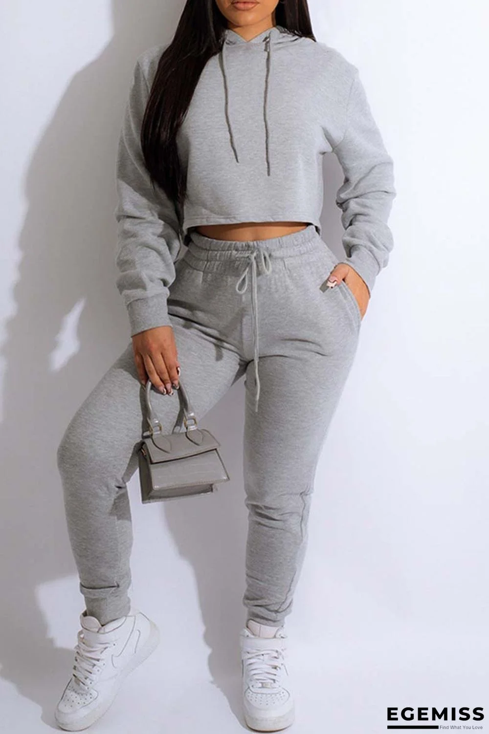 Grey Casual Solid Basic Hooded Collar Long Sleeve Two Pieces | EGEMISS