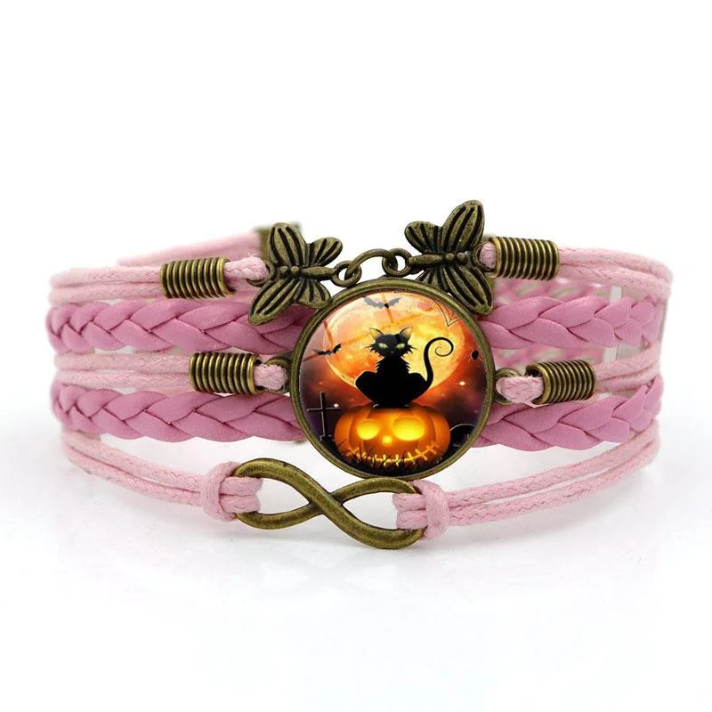 Halloween Black Cat Time Gem Bracelet Butterfly  Hand Rope Jewelry