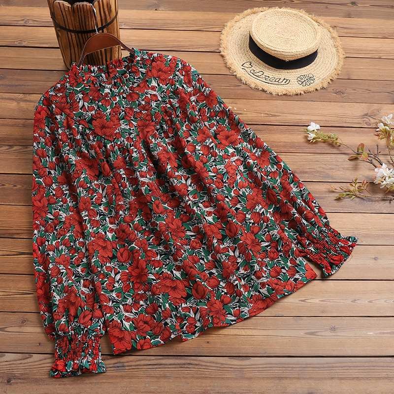 Bohemian  ZANZEA Elegant Long Puff Sleeve Party Shirt Women Stylish Floral Printed Blouse Spring Ruffles Blusas Casual Work Tops
