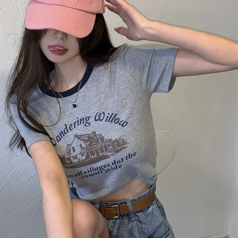 Uveng Uveng Print Short Sleeve T-Shirt Women's Color Round Collar Bottom Shirt 2024 Summer Hot Girl Short Student Top
