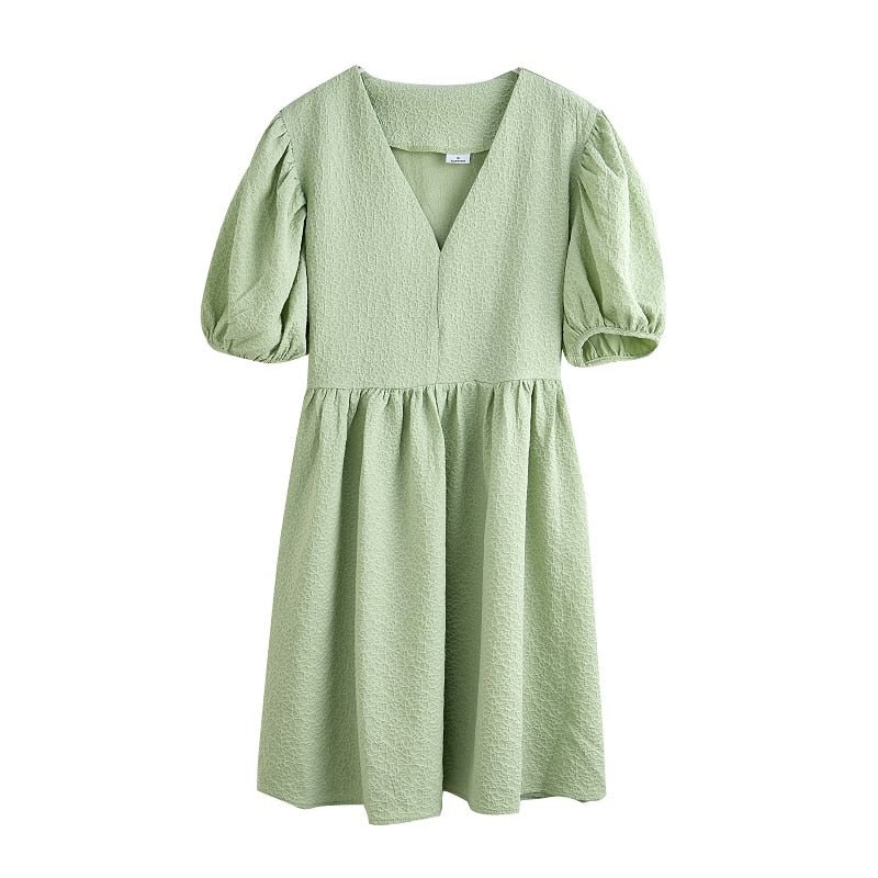 Toppies Summer Dress Woman Vintage Puff Sleeve A Line Dresses V-Neck High Waist Mini Dress Green Sexy Grain Dress 2021