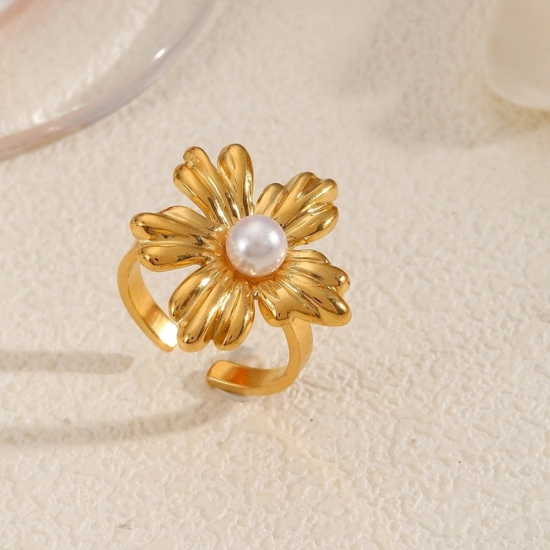 Elegant Flower 304 Stainless Steel Pearl Inlay Open Rings