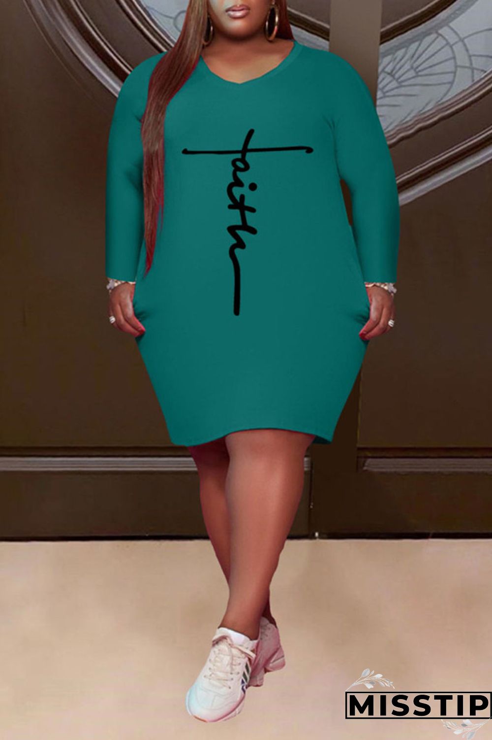 Pink Casual Print Patchwork V Neck Straight Plus Size Dresses