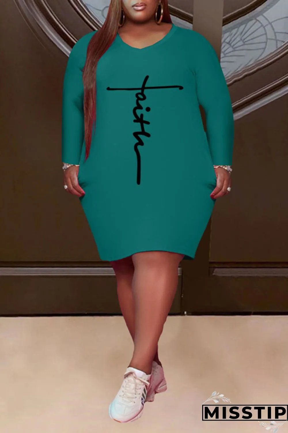 Pink Casual Print Patchwork V Neck Straight Plus Size Dresses