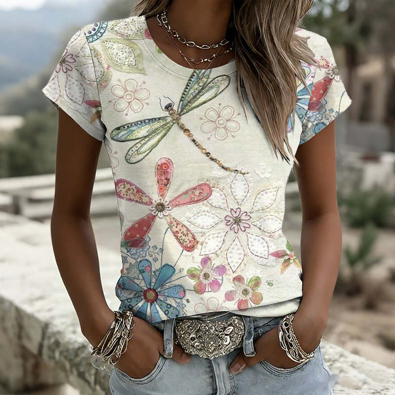 Comstylish Retro Floral And Dragonfly Art Pattern Short Sleeve Tshirt