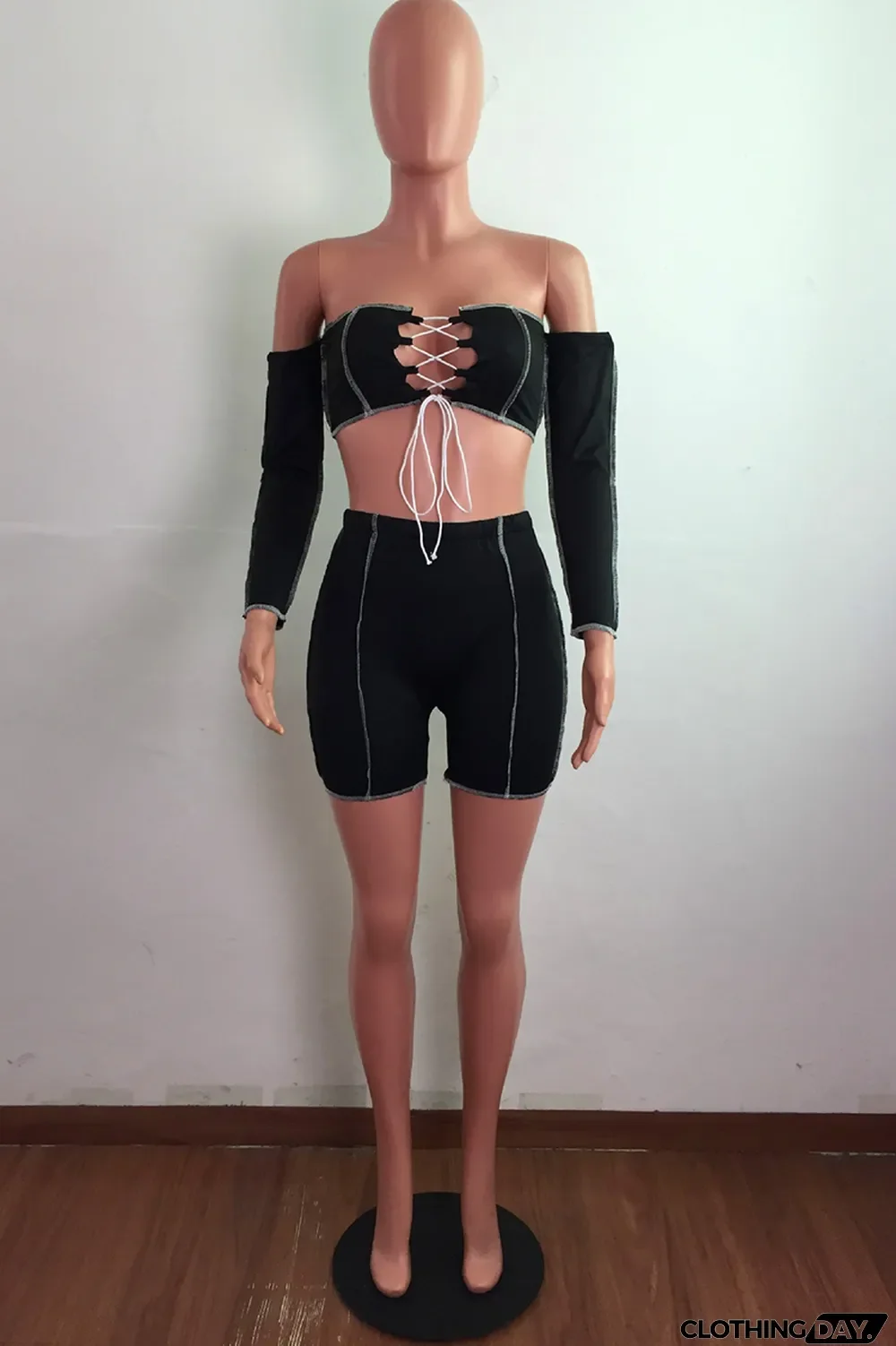 Grey Street Solid Bandage Strapless Long Sleeve Two Pieces