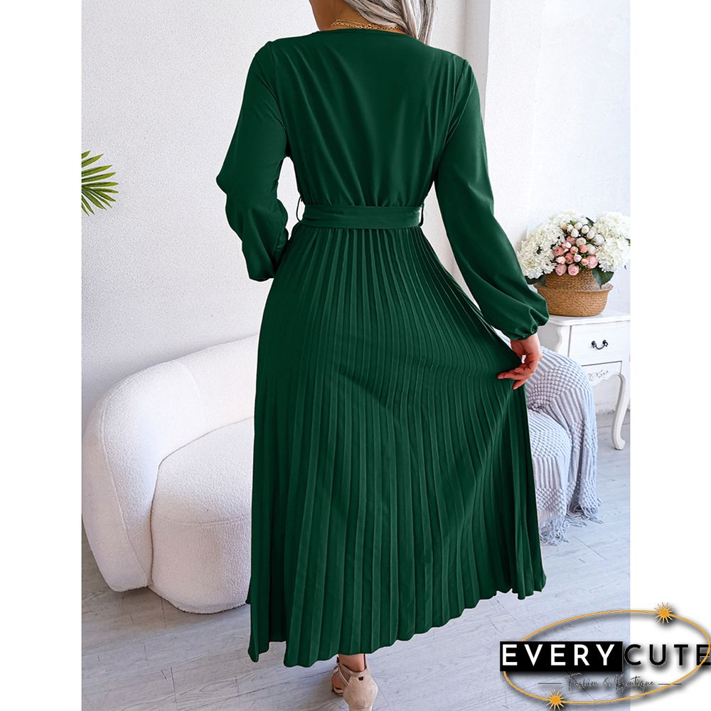 Green Wrap V Neck Pleated Long Sleeve Long Dress